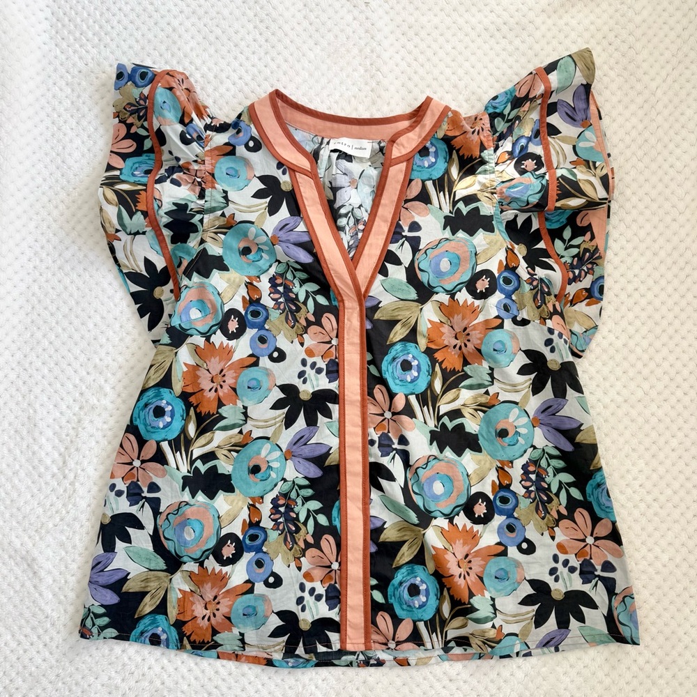 Entro boutique floral flutter sleeve blouse top SzM - Picture 11 of 13